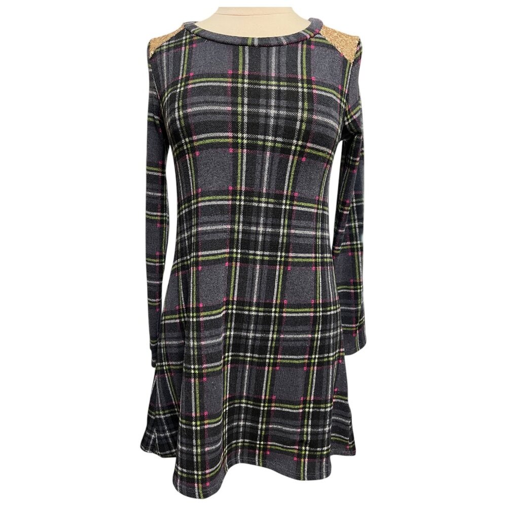 Knit plaid short dress with gold sequin shoulders